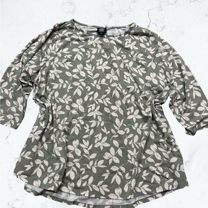 Bobeau Olive Leaf Print Long Sleeve Top